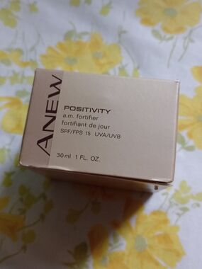 Avon Anew Positivity A.M. Fortifier, an age-defying facial moisturizer.